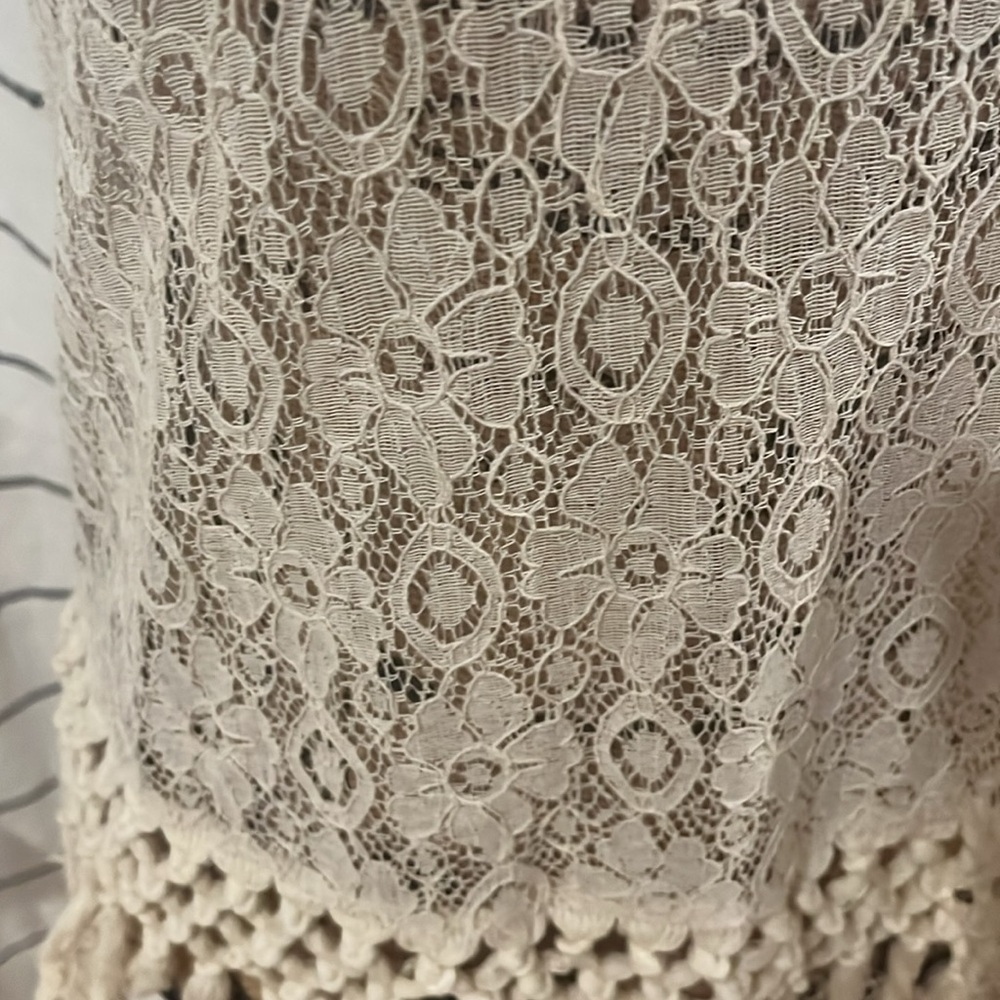 Boho cream black accent Taylor & Sage sleeveless top with “tassels” on bottom - Picture 7 of 8